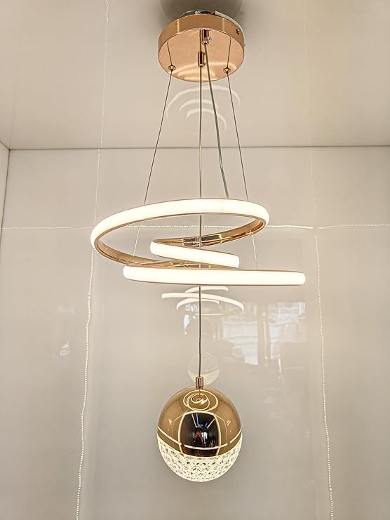 Modern LED Ceiling Pendant Light with Crystal Ball, Spiral Design Chandelier, Dimmable Hanging Lamp for Dining Room, Living Room, Bedroom, Hallway (Gold)