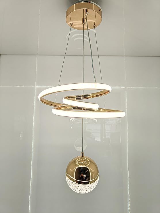 Modern LED Ceiling Pendant Light with Crystal Ball, Spiral Design Chandelier, Dimmable Hanging Lamp for Dining Room, Living Room, Bedroom, Hallway (Gold)