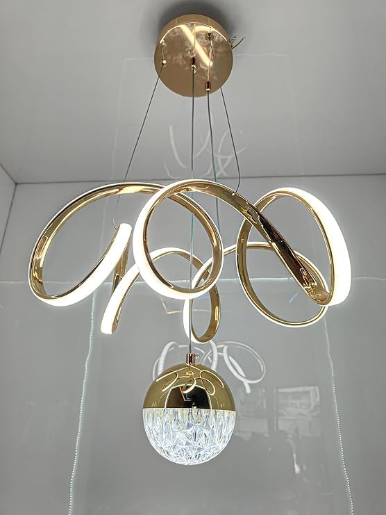 Modern LED Ceiling Pendant Light with Crystal Ball, Spiral Design Chandelier, Dimmable Hanging Lamp for Dining Room, Living Room, Bedroom, Hallway (Gold)