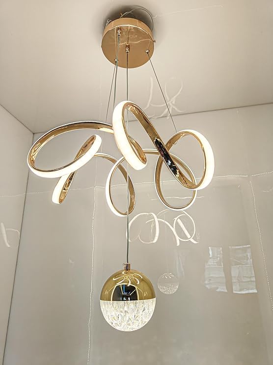 Modern LED Ceiling Pendant Light with Crystal Ball, Spiral Design Chandelier, Dimmable Hanging Lamp for Dining Room, Living Room, Bedroom, Hallway (Gold)