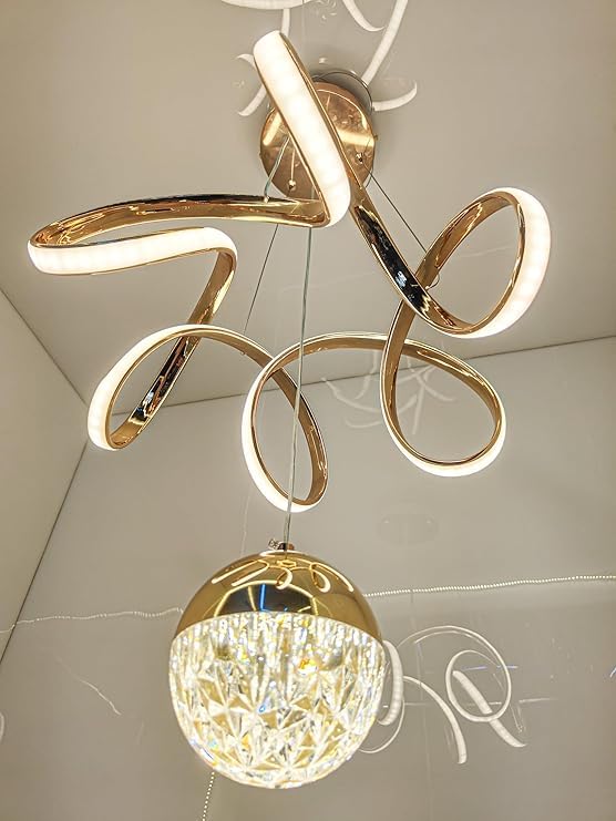 Modern LED Ceiling Pendant Light with Crystal Ball, Spiral Design Chandelier, Dimmable Hanging Lamp for Dining Room, Living Room, Bedroom, Hallway (Gold)