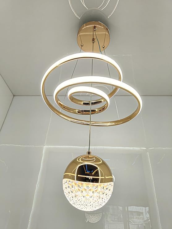 Modern LED Ceiling Pendant Light with Crystal Ball, Spiral Design Chandelier, Dimmable Hanging Lamp for Dining Room, Living Room, Bedroom, Hallway (Gold)