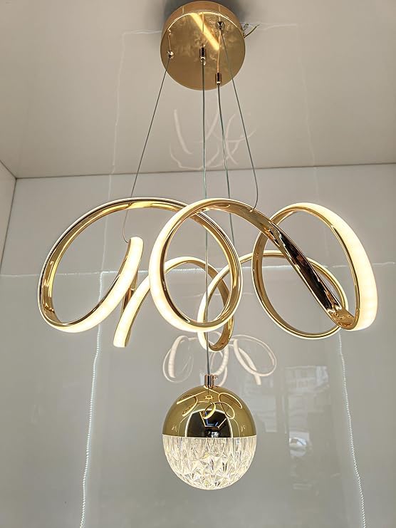 Modern LED Ceiling Pendant Light with Crystal Ball, Spiral Design Chandelier, Dimmable Hanging Lamp for Dining Room, Living Room, Bedroom, Hallway (Gold)