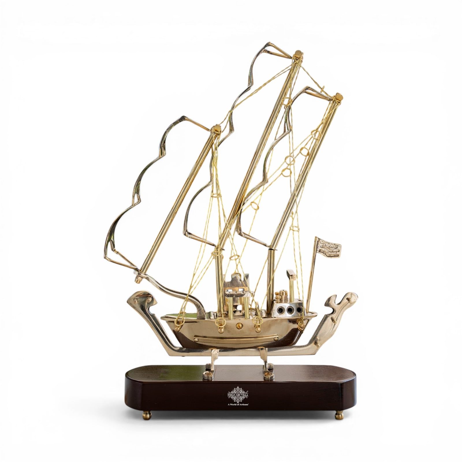 INDIAN ART VILLA Brass Ship with Wooden Base, Showpiece Item, Perfect for Home Decoration and Gifting, 12'' Inch