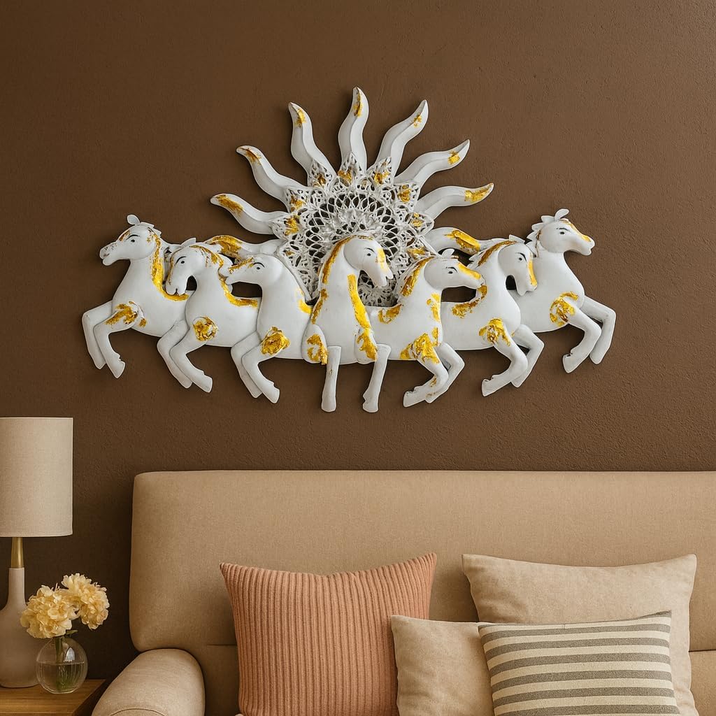 RSN 7 Running Horses Wall Decor with LED Light (36 x 23.5 Inch) | Premium White & Gold Luxury Horse Wall Art for Living Room, Bedroom, Hall, Office & Hotel Decoration | Modern Home Decor Gift Item