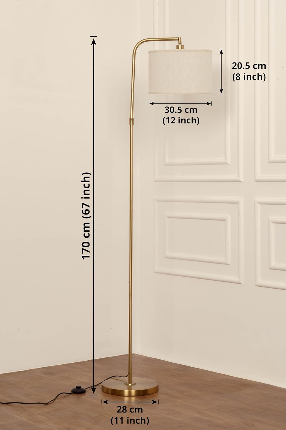 Divine Trends Modern Arc Floor Lamp with Adjustable Shade 6Ft Height with 12 inches Off White Drum Lampshade Pack of 1 - Led Bulb Included (Brass Antique)