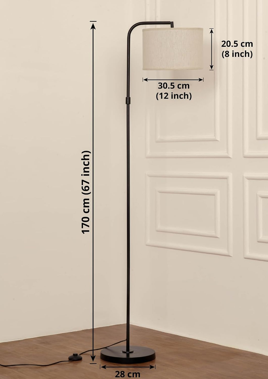 Divine Trends Modern Arc Floor Lamp with Adjustable Shade 6Ft Height with 12 inches Off White Drum Lampshade Pack of 1 - Led Bulb Included (Brass Antique)