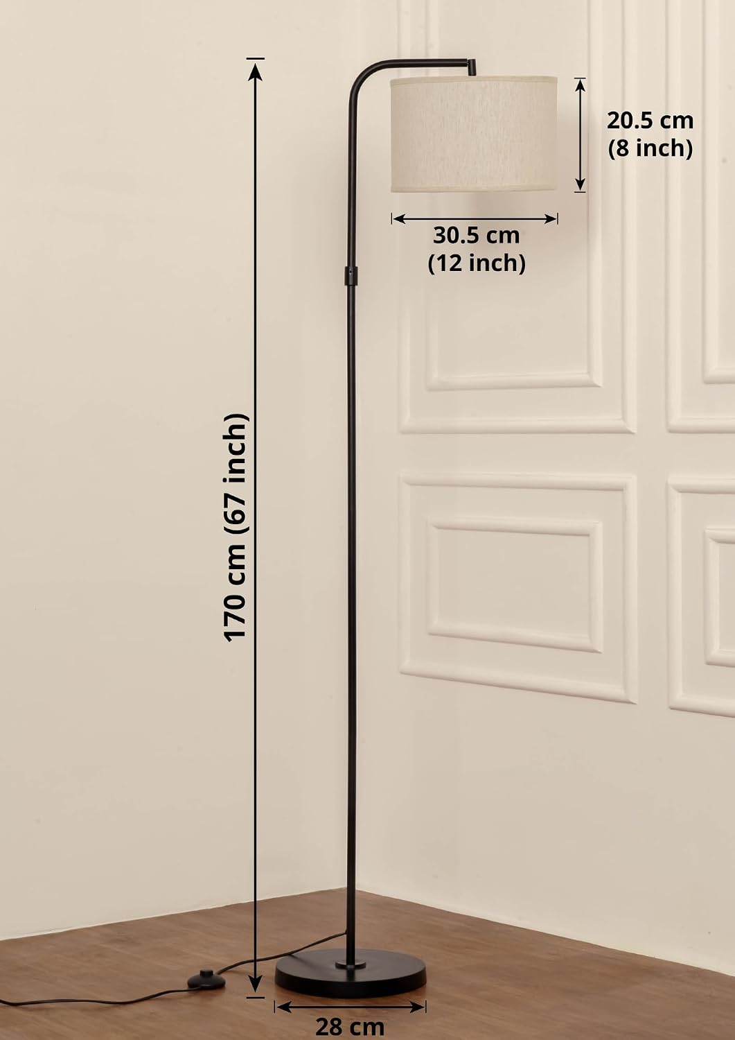 Divine Trends Modern Arc Floor Lamp with Adjustable Shade 6Ft Height with 12 inches Off White Drum Lampshade Pack of 1 - Led Bulb Included (Brass Antique)