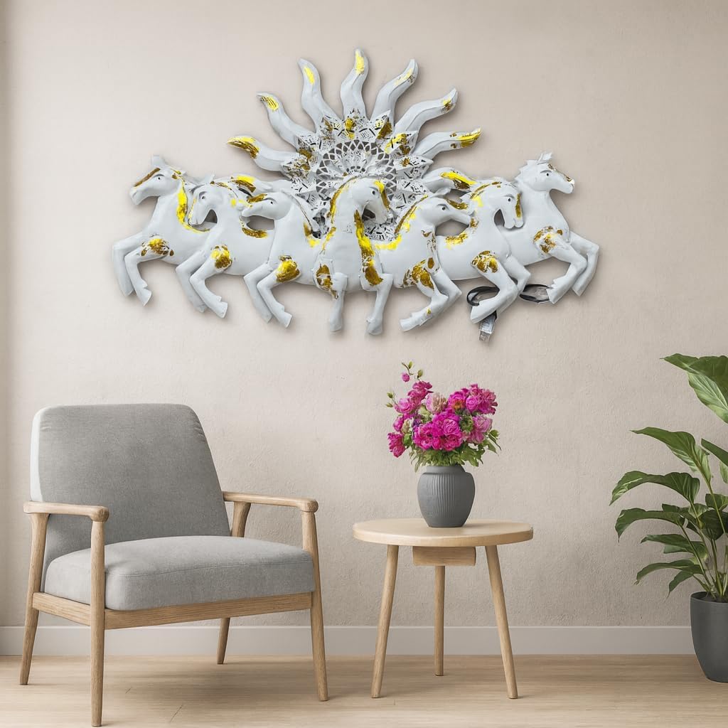 RSN 7 Running Horses Wall Decor with LED Light (36 x 23.5 Inch) | Premium White & Gold Luxury Horse Wall Art for Living Room, Bedroom, Hall, Office & Hotel Decoration | Modern Home Decor Gift Item