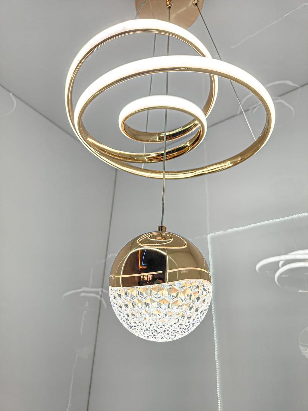 Modern LED Ceiling Pendant Light with Crystal Ball, Spiral Design Chandelier, Dimmable Hanging Lamp for Dining Room, Living Room, Bedroom, Hallway (Gold)