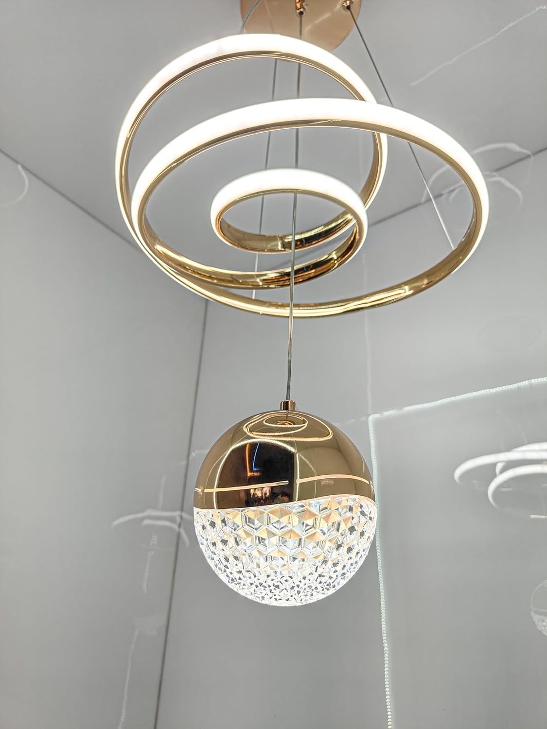 Modern LED Ceiling Pendant Light with Crystal Ball, Spiral Design Chandelier, Dimmable Hanging Lamp for Dining Room, Living Room, Bedroom, Hallway (Gold)