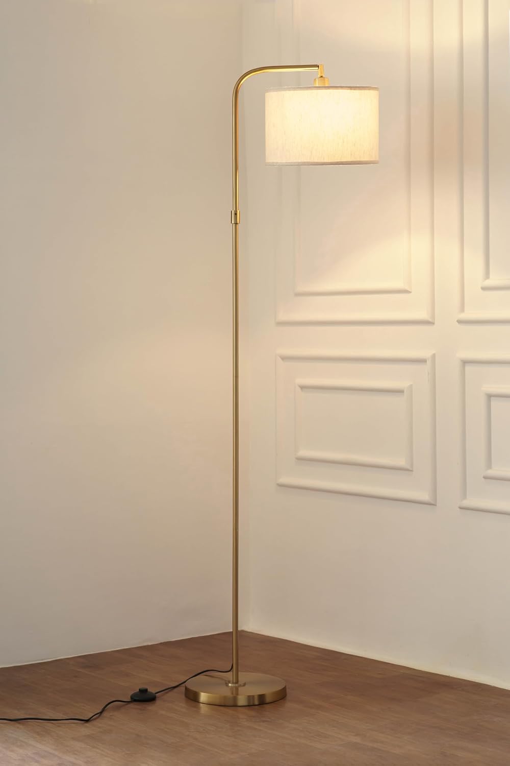 Divine Trends Modern Arc Floor Lamp with Adjustable Shade 6Ft Height with 12 inches Off White Drum Lampshade Pack of 1 - Led Bulb Included (Brass Antique)