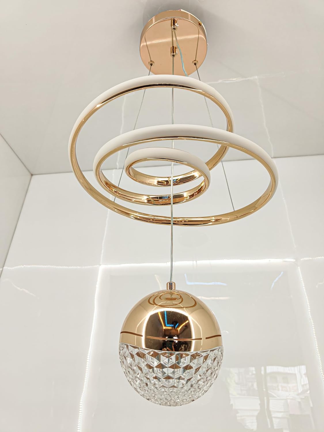 Modern LED Ceiling Pendant Light with Crystal Ball, Spiral Design Chandelier, Dimmable Hanging Lamp for Dining Room, Living Room, Bedroom, Hallway (Gold)
