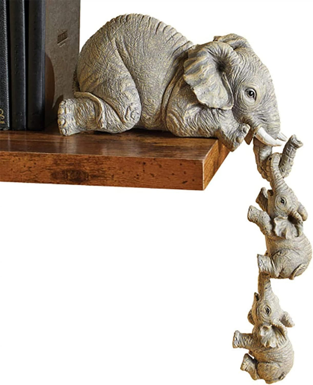 Premium Set of 3 Realistic Elephant Sitter Hand-Painted Figurines, Mother and Two Babies Hanging Off The Edge of A Shelf Or Table Decorative Items.Showpiece for Living Room.