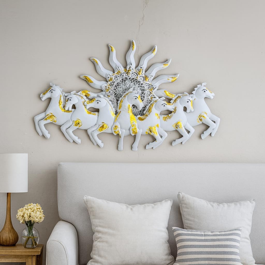 RSN 7 Running Horses Wall Decor with LED Light (36 x 23.5 Inch) | Premium White & Gold Luxury Horse Wall Art for Living Room, Bedroom, Hall, Office & Hotel Decoration | Modern Home Decor Gift Item