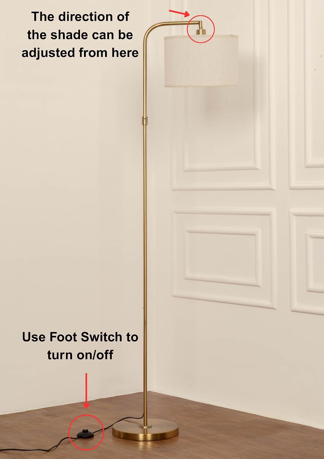 Divine Trends Modern Arc Floor Lamp with Adjustable Shade 6Ft Height with 12 inches Off White Drum Lampshade Pack of 1 - Led Bulb Included (Brass Antique)