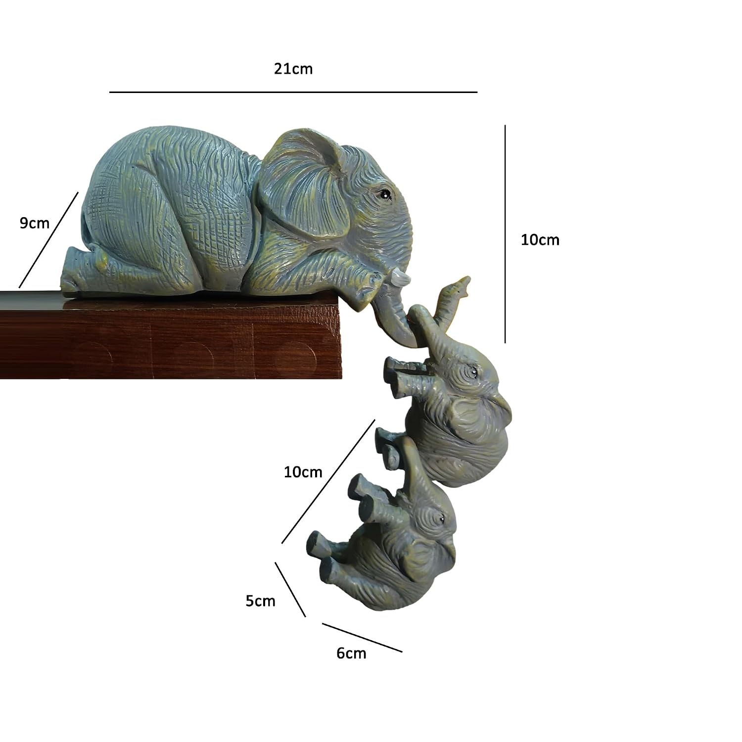 Premium Set of 3 Realistic Elephant Sitter Hand-Painted Figurines, Mother and Two Babies Hanging Off The Edge of A Shelf Or Table Decorative Items.Showpiece for Living Room.