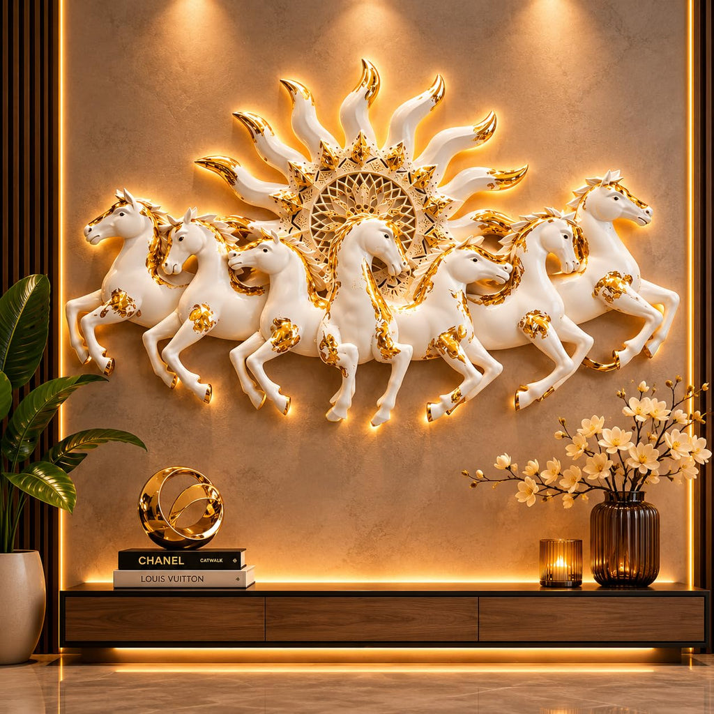 RSN 7 Running Horses Wall Decor with LED Light (36 x 23.5 Inch) | Premium White & Gold Luxury Horse Wall Art for Living Room, Bedroom, Hall, Office & Hotel Decoration | Modern Home Decor Gift Item