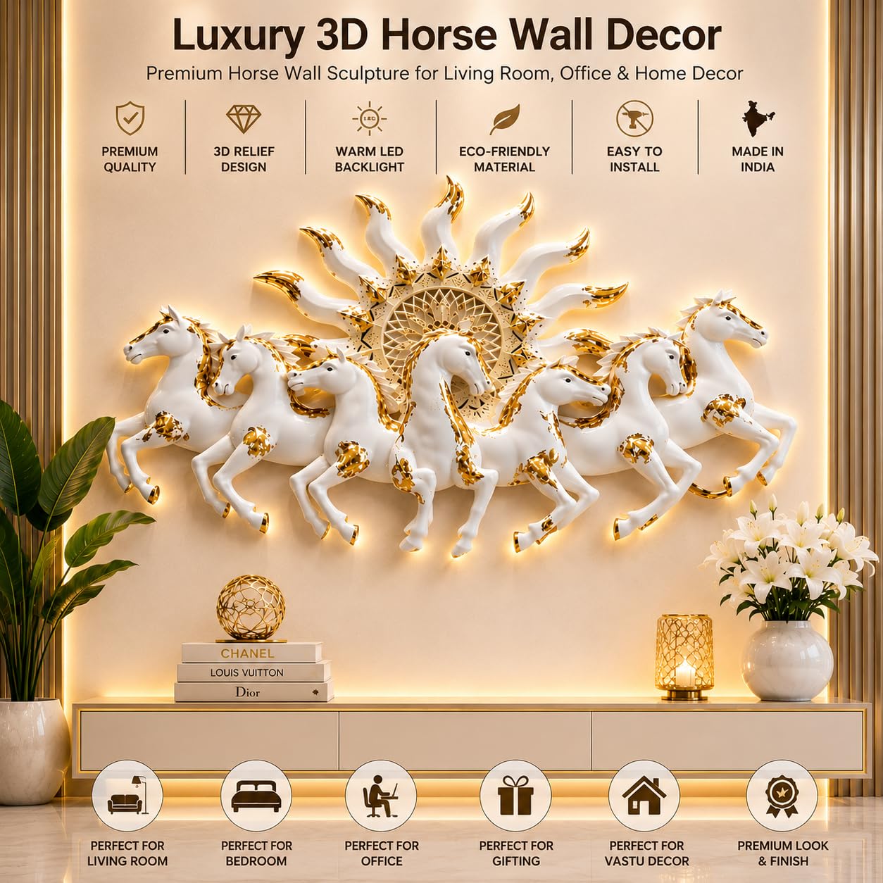 RSN 7 Running Horses Wall Decor with LED Light (36 x 23.5 Inch) | Premium White & Gold Luxury Horse Wall Art for Living Room, Bedroom, Hall, Office & Hotel Decoration | Modern Home Decor Gift Item