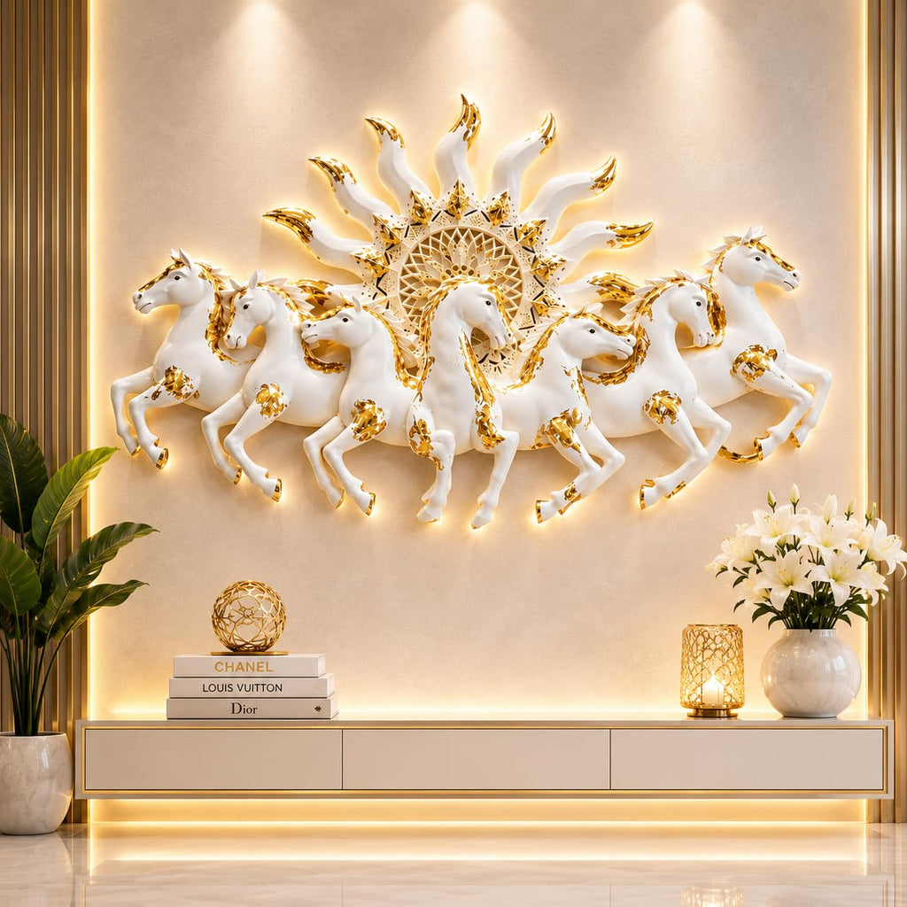 RSN 7 Running Horses Wall Decor with LED Light (36 x 23.5 Inch) | Premium White & Gold Luxury Horse Wall Art for Living Room, Bedroom, Hall, Office & Hotel Decoration | Modern Home Decor Gift Item