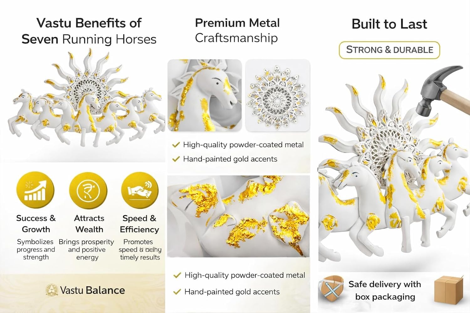 RSN 7 Running Horses Wall Decor with LED Light (36 x 23.5 Inch) | Premium White & Gold Luxury Horse Wall Art for Living Room, Bedroom, Hall, Office & Hotel Decoration | Modern Home Decor Gift Item