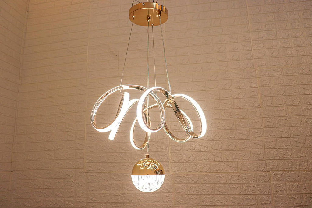 Modern LED Ceiling Pendant Light with Crystal Ball, Spiral Design Chandelier, Dimmable Hanging Lamp for Dining Room, Living Room, Bedroom, Hallway (Gold)