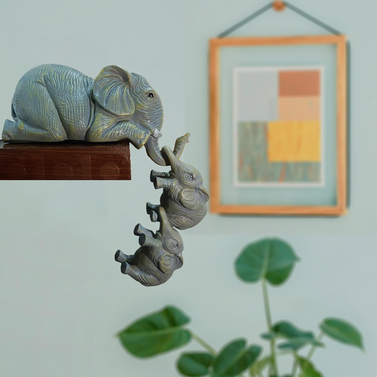 Premium Set of 3 Realistic Elephant Sitter Hand-Painted Figurines, Mother and Two Babies Hanging Off The Edge of A Shelf Or Table Decorative Items.Showpiece for Living Room.