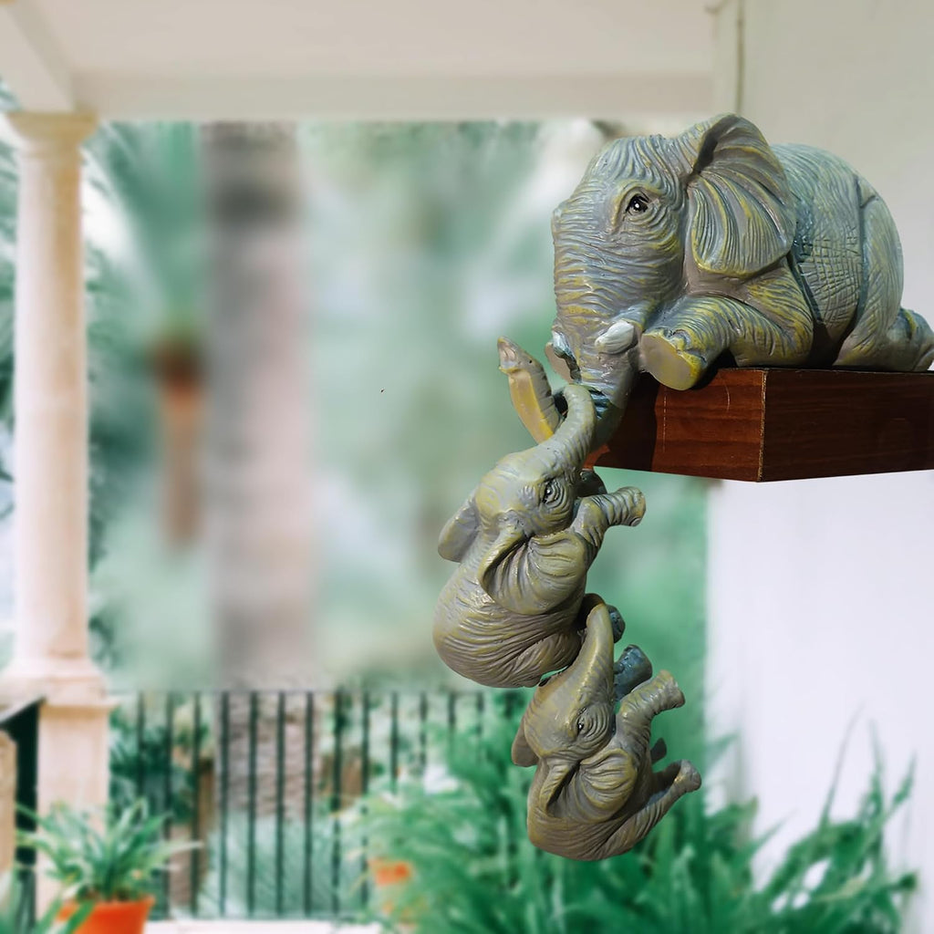 Premium Set of 3 Realistic Elephant Sitter Hand-Painted Figurines, Mother and Two Babies Hanging Off The Edge of A Shelf Or Table Decorative Items.Showpiece for Living Room.