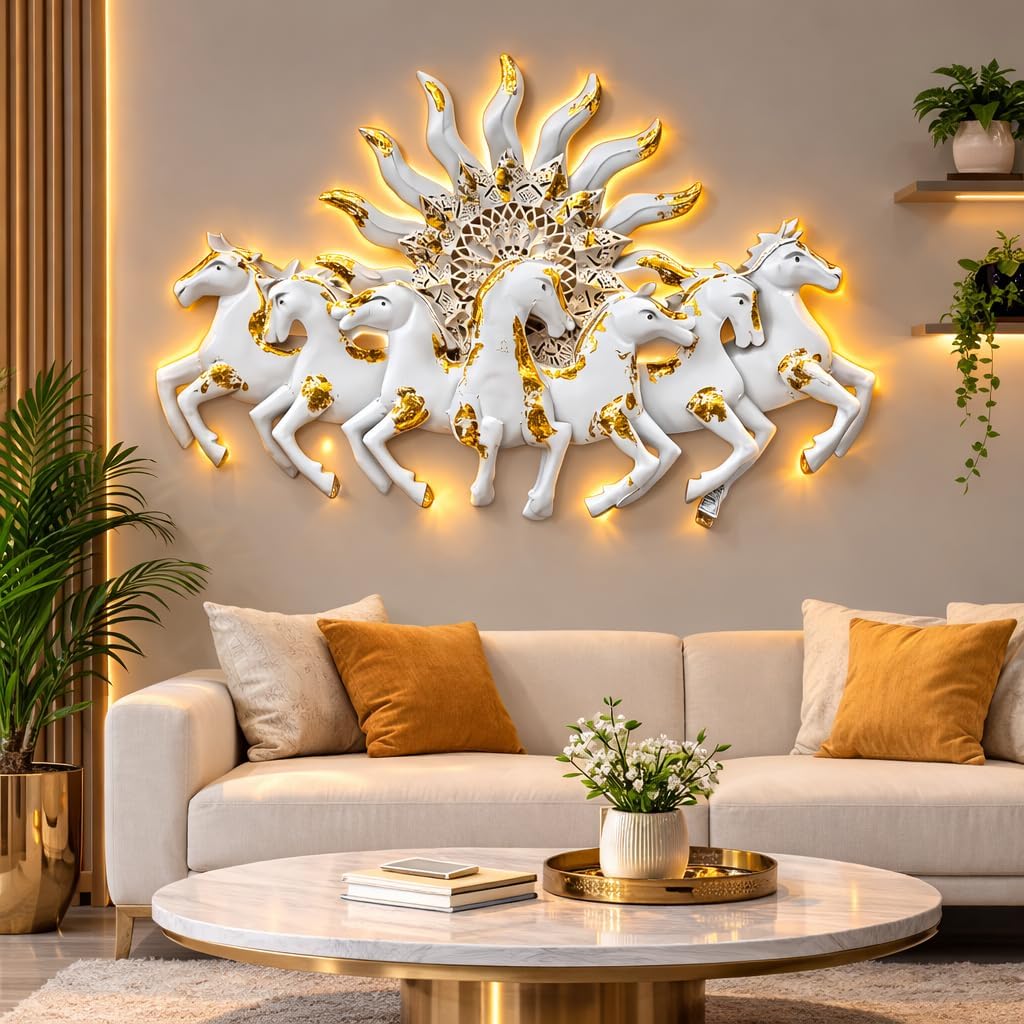 RSN 7 Running Horses Wall Decor with LED Light (36 x 23.5 Inch) | Premium White & Gold Luxury Horse Wall Art for Living Room, Bedroom, Hall, Office & Hotel Decoration | Modern Home Decor Gift Item
