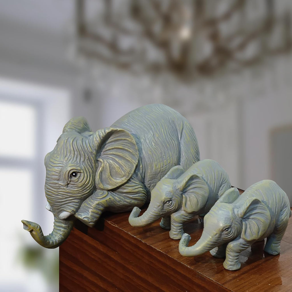 Premium Set of 3 Realistic Elephant Sitter Hand-Painted Figurines, Mother and Two Babies Hanging Off The Edge of A Shelf Or Table Decorative Items.Showpiece for Living Room.