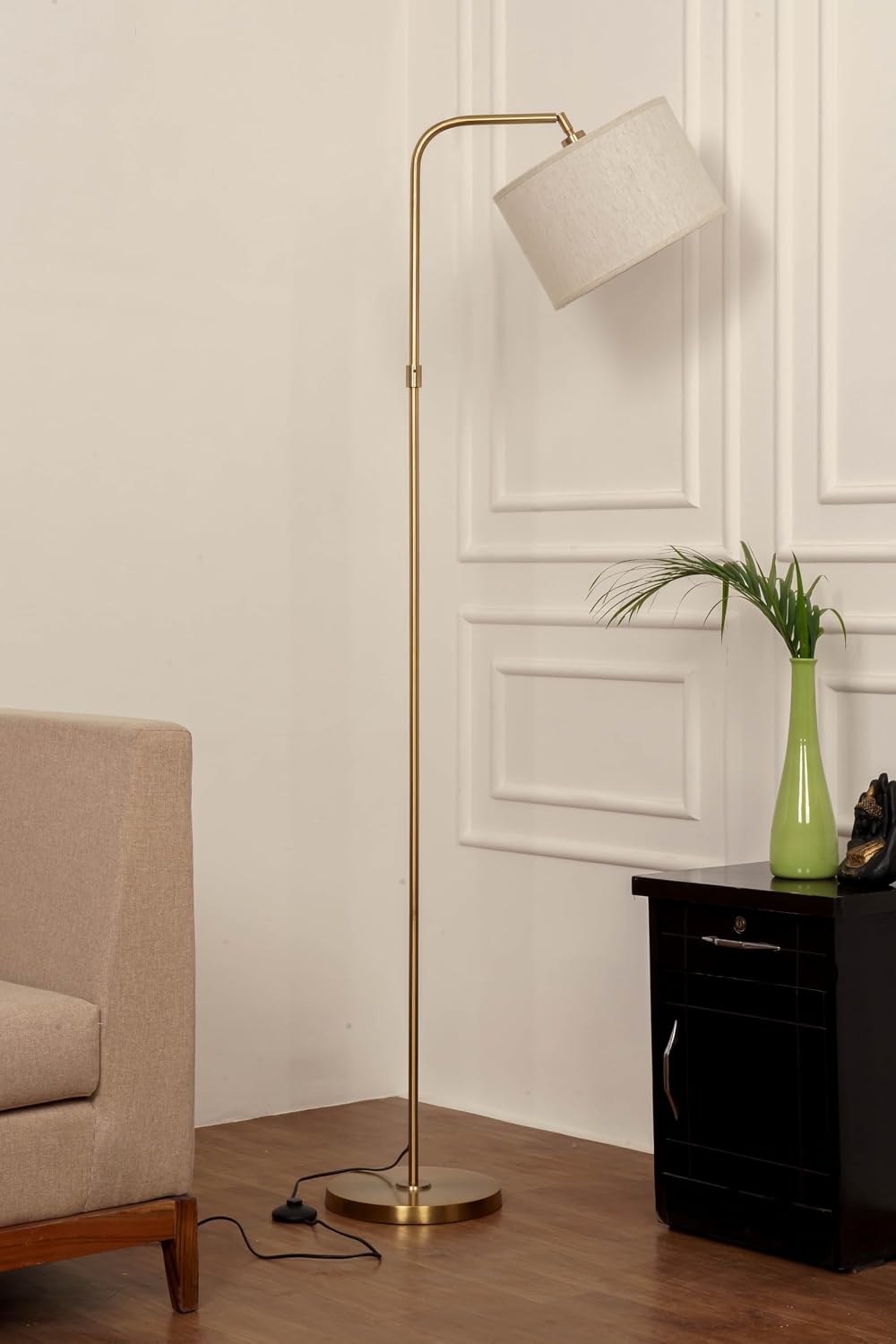 Divine Trends Modern Arc Floor Lamp with Adjustable Shade 6Ft Height with 12 inches Off White Drum Lampshade Pack of 1 - Led Bulb Included (Brass Antique)