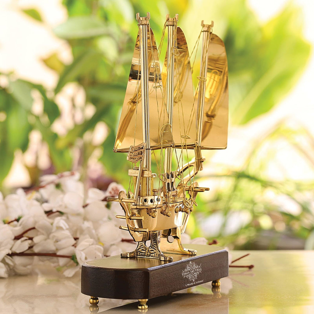 INDIAN ART VILLA Brass Ship with Wooden Base, Showpiece Item, Perfect for Home Decoration and Gifting, 12'' Inch