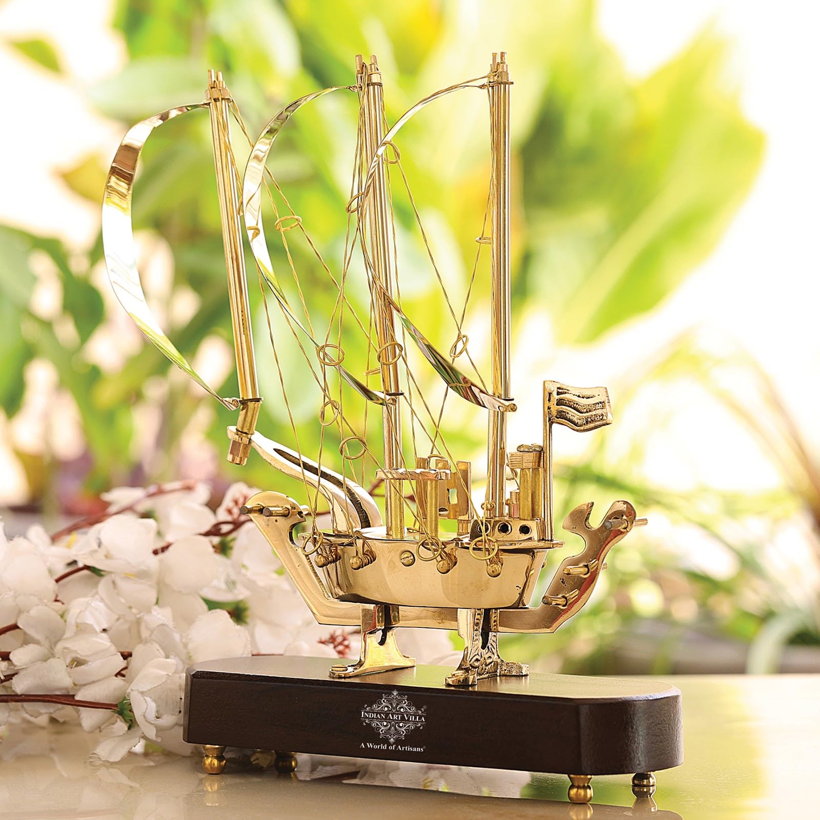 INDIAN ART VILLA Brass Ship with Wooden Base, Showpiece Item, Perfect for Home Decoration and Gifting, 12'' Inch