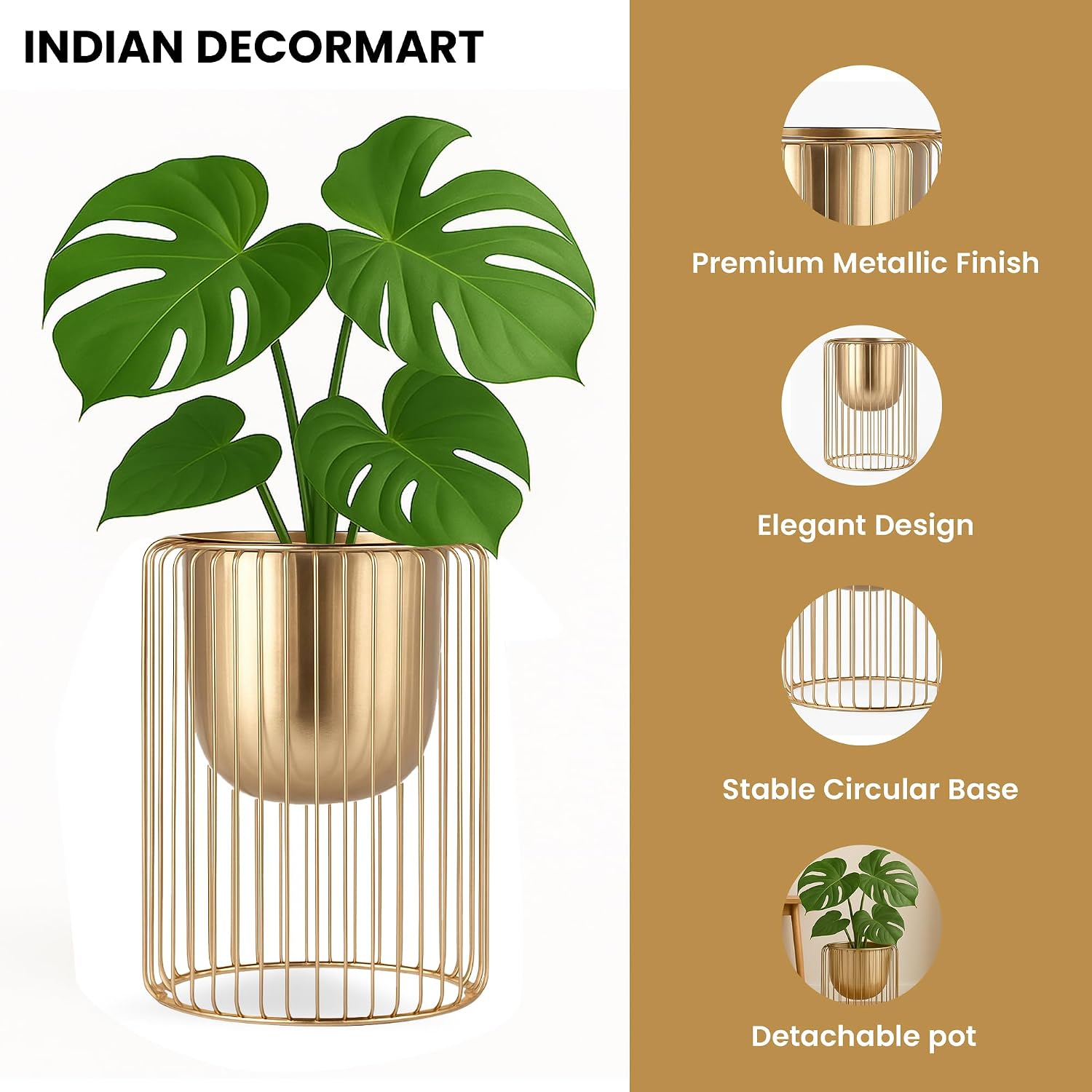 INDIAN DECORMART Modern Gold Metal Planter with Cylindrical Wire Cage Stand | Stylish Indoor Decorative Flower Pot for Home and Office Decor | Decorative Item for Living Room