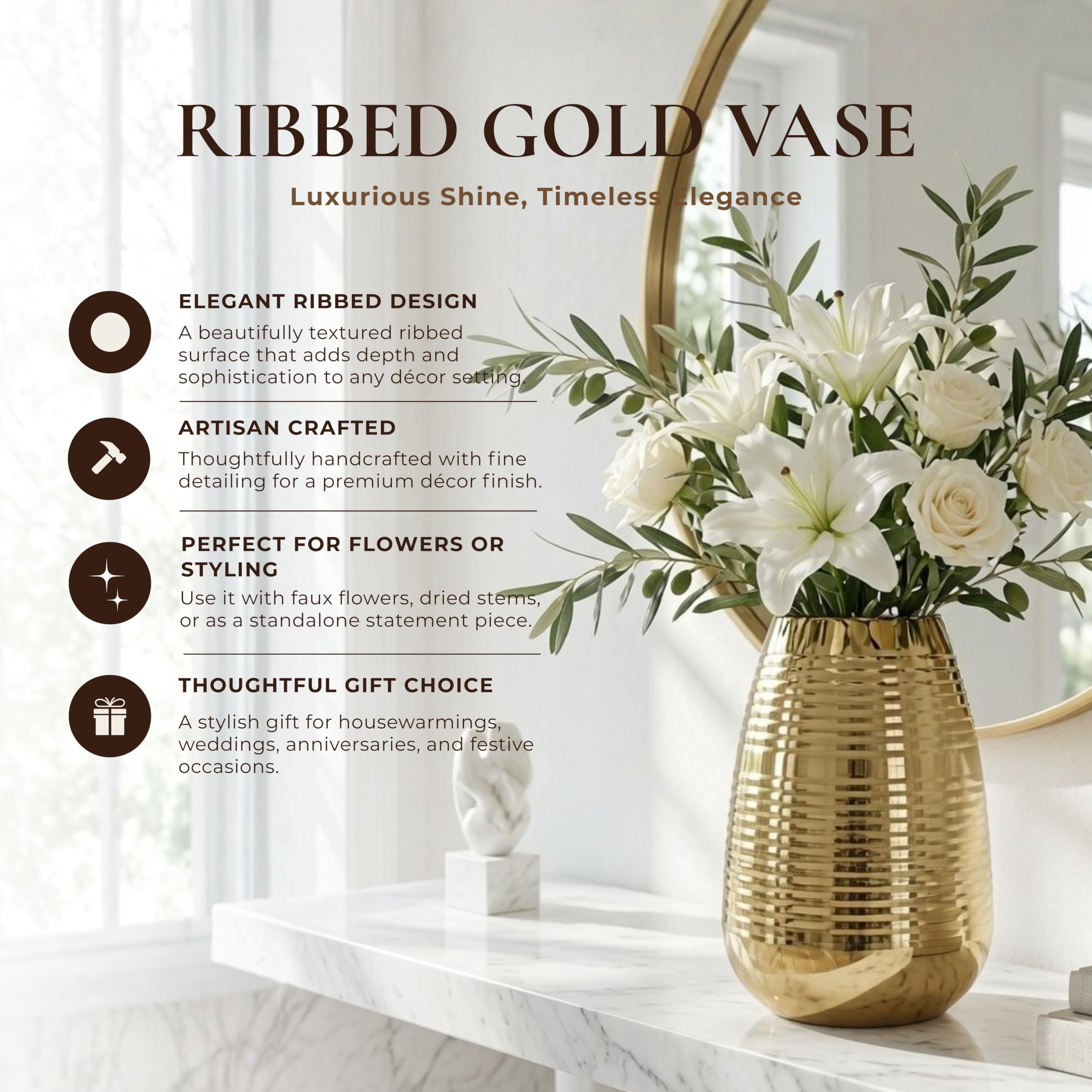 BEHOMA Oval Shape Metal Flower Vase for Home Decor (8.7 inches) | Golden Vase for Living Room, Dining Table & Corner Decor | Elegant Home Decoration Item for Fresh & Artificial Flowers