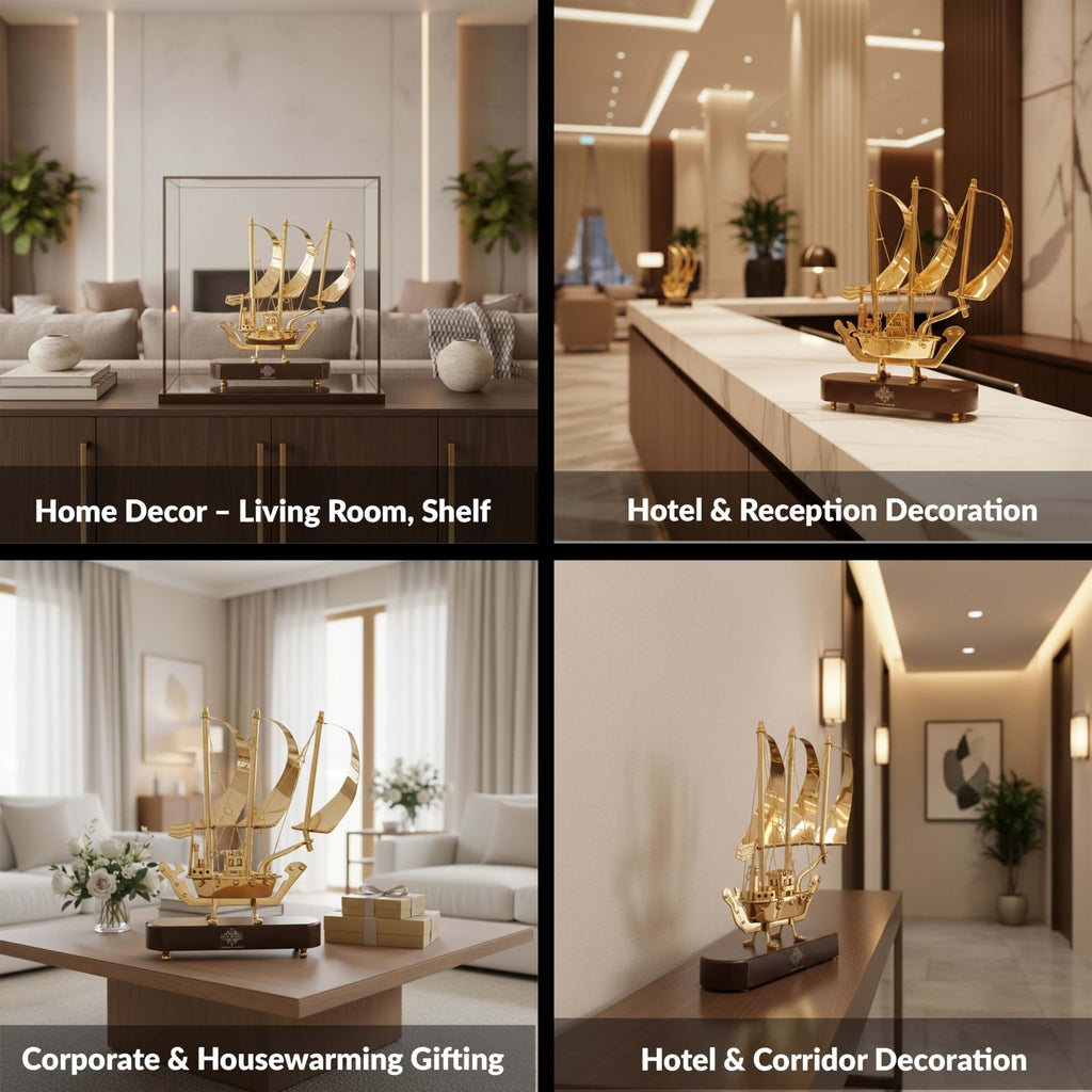 INDIAN ART VILLA Brass Ship with Wooden Base, Showpiece Item, Perfect for Home Decoration and Gifting, 12'' Inch