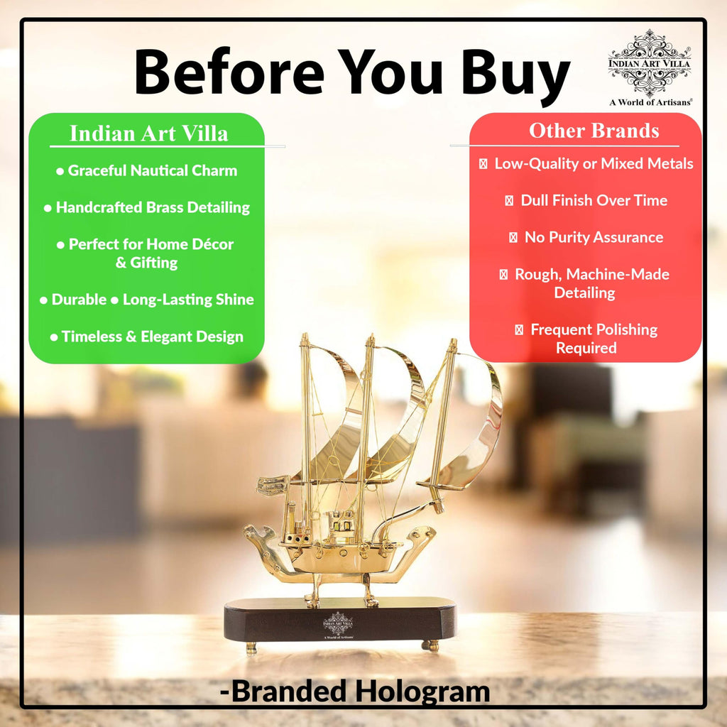 INDIAN ART VILLA Brass Ship with Wooden Base, Showpiece Item, Perfect for Home Decoration and Gifting, 12'' Inch