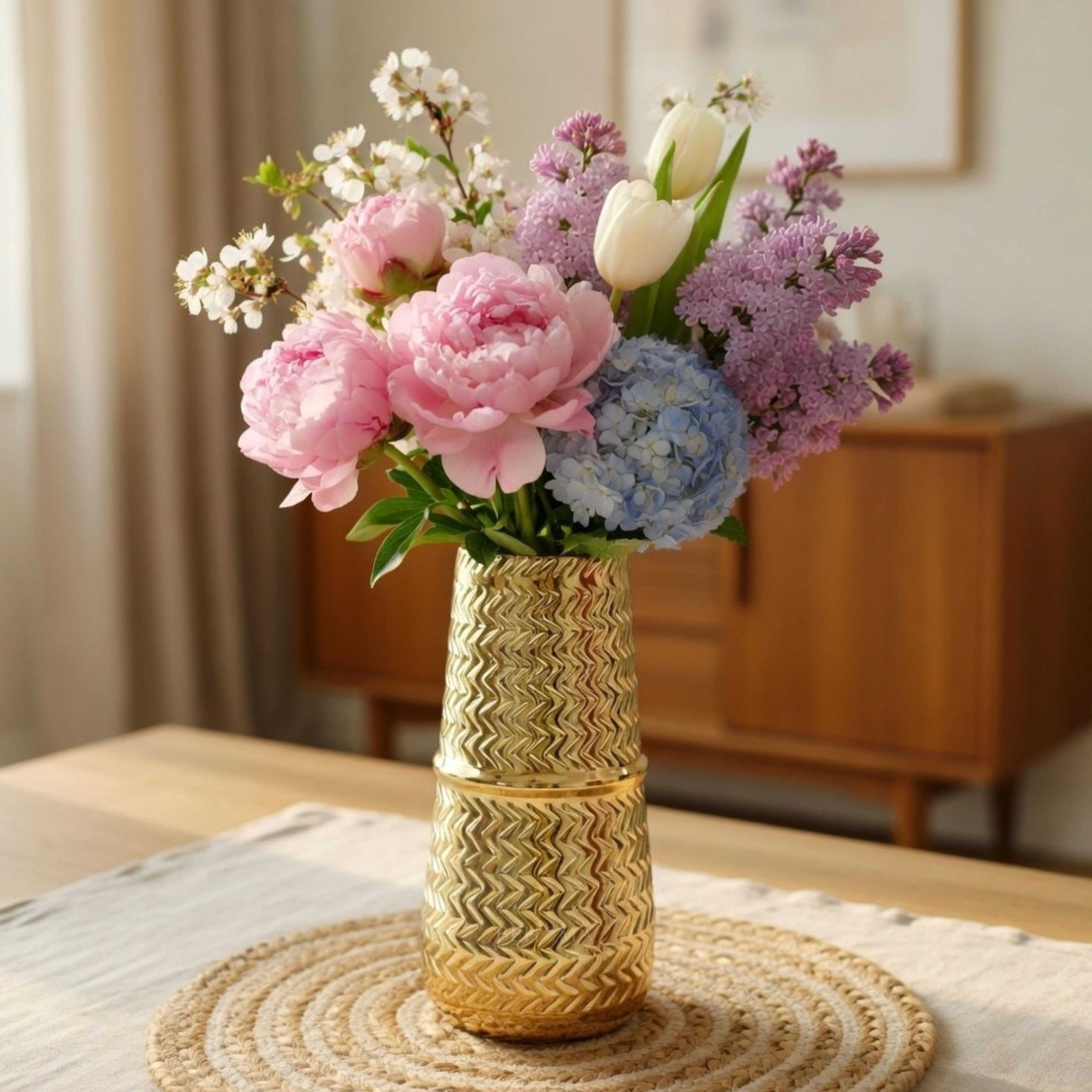 BEHOMA Oval Shape Metal Flower Vase for Home Decor (8.7 inches) | Golden Vase for Living Room, Dining Table & Corner Decor | Elegant Home Decoration Item for Fresh & Artificial Flowers