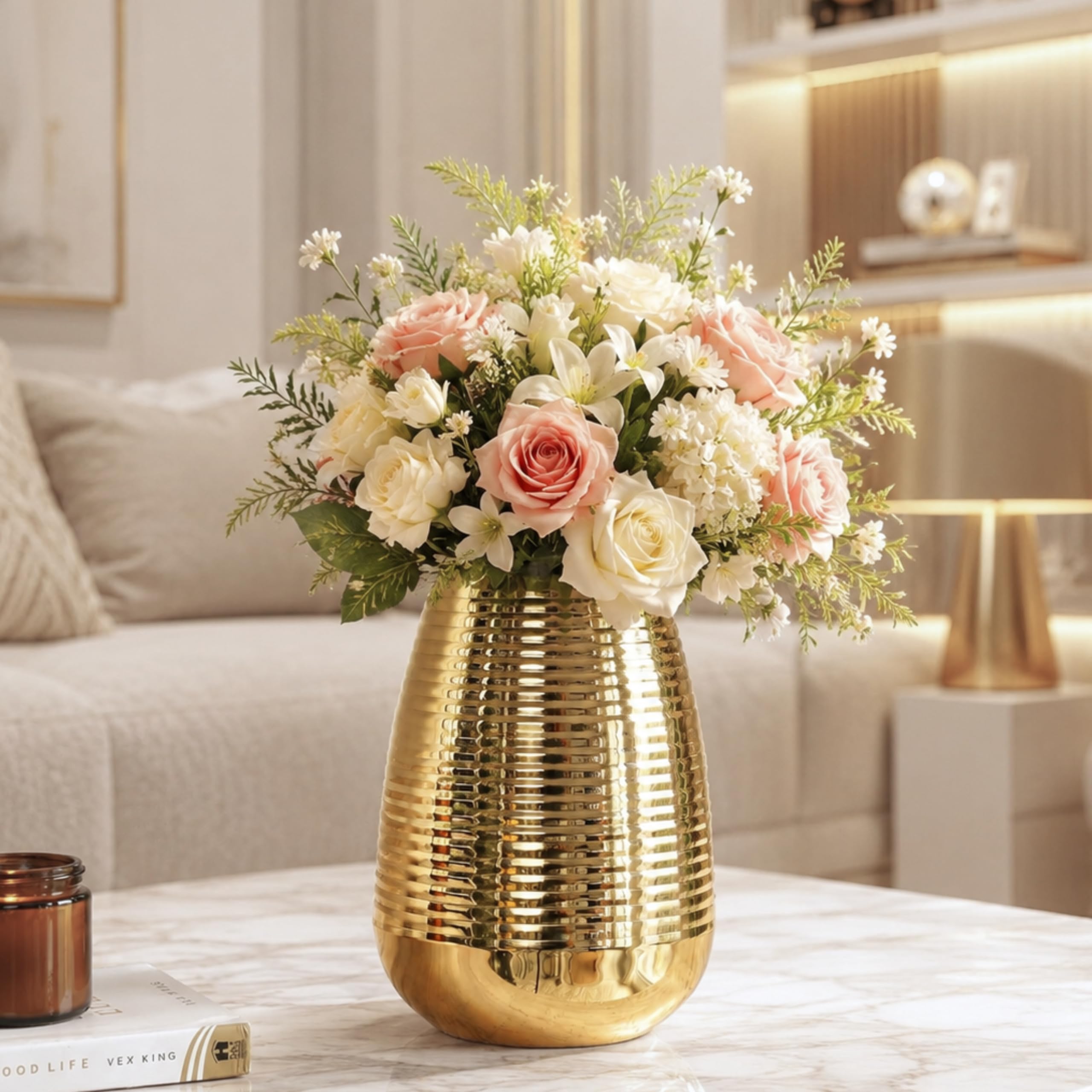 BEHOMA Oval Shape Metal Flower Vase for Home Decor (8.7 inches) | Golden Vase for Living Room, Dining Table & Corner Decor | Elegant Home Decoration Item for Fresh & Artificial Flowers