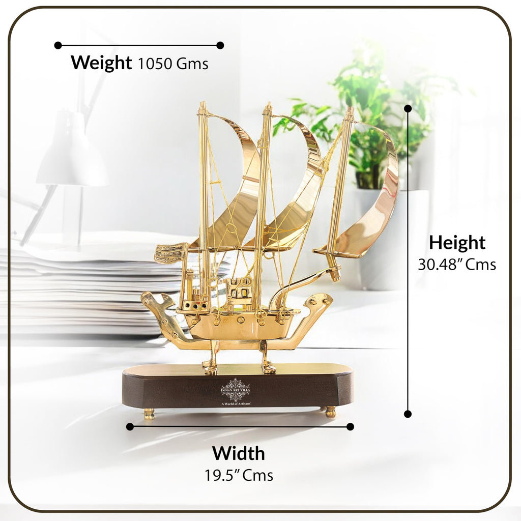 INDIAN ART VILLA Brass Ship with Wooden Base, Showpiece Item, Perfect for Home Decoration and Gifting, 12'' Inch