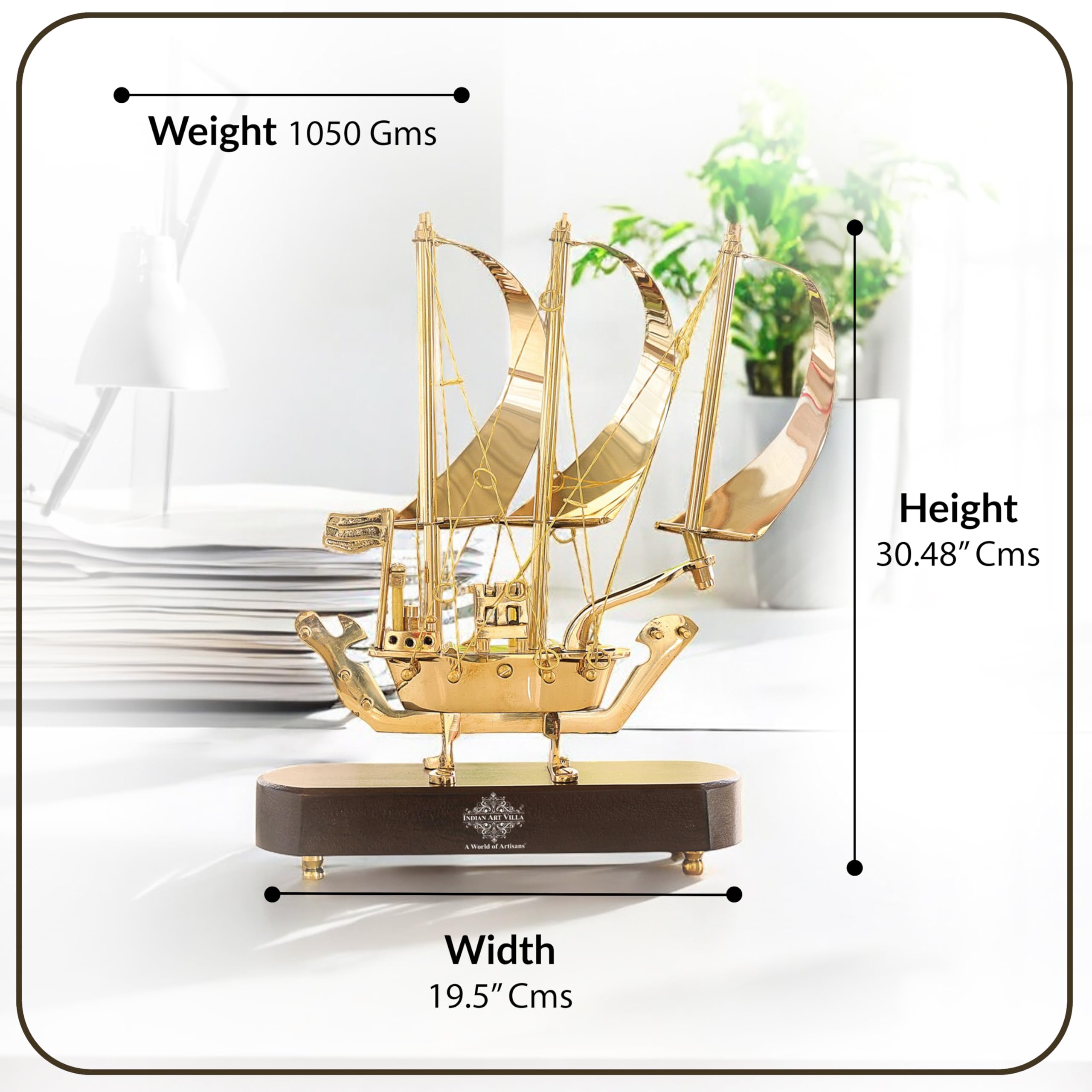 INDIAN ART VILLA Brass Ship with Wooden Base, Showpiece Item, Perfect for Home Decoration and Gifting, 12'' Inch