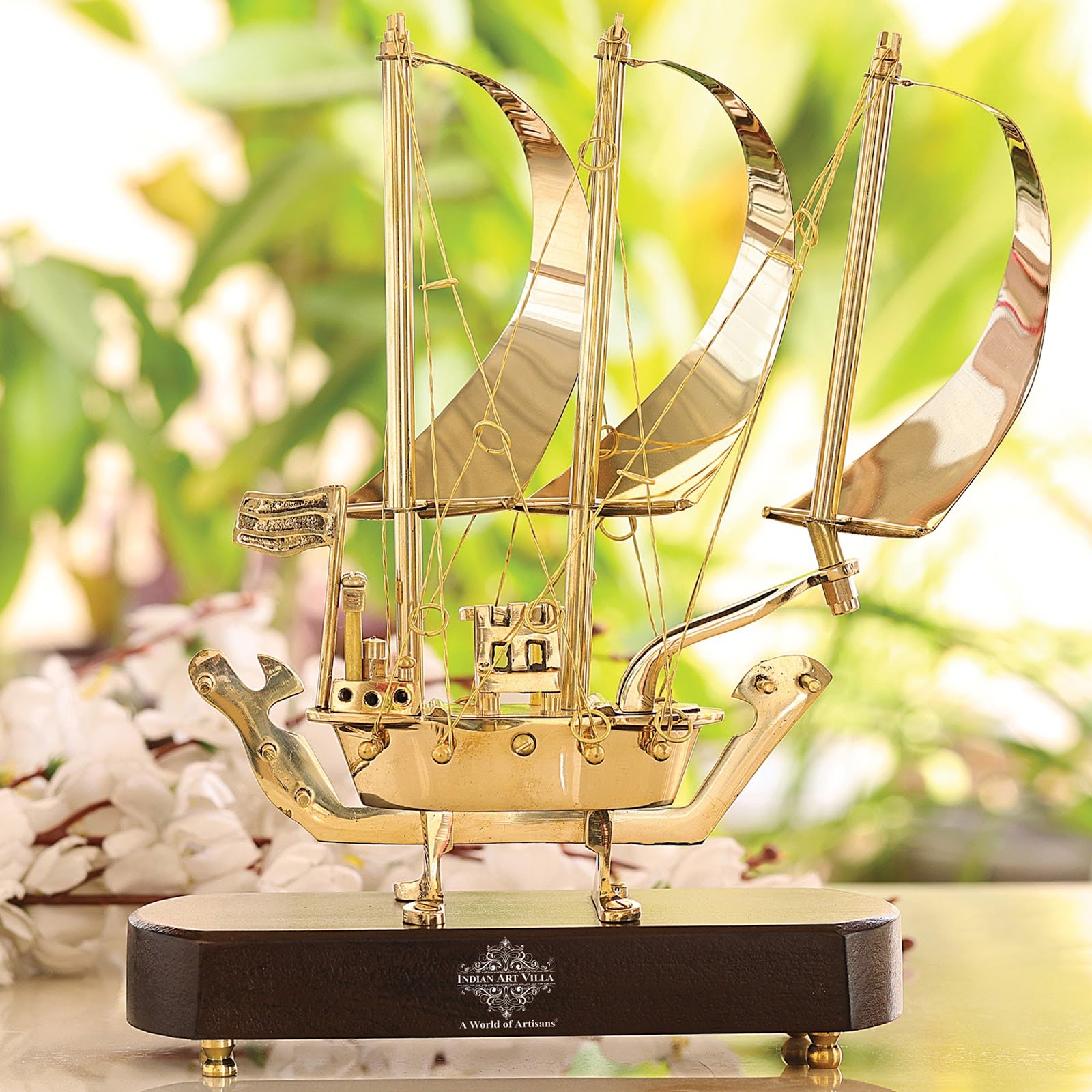 INDIAN ART VILLA Brass Ship with Wooden Base, Showpiece Item, Perfect for Home Decoration and Gifting, 12'' Inch