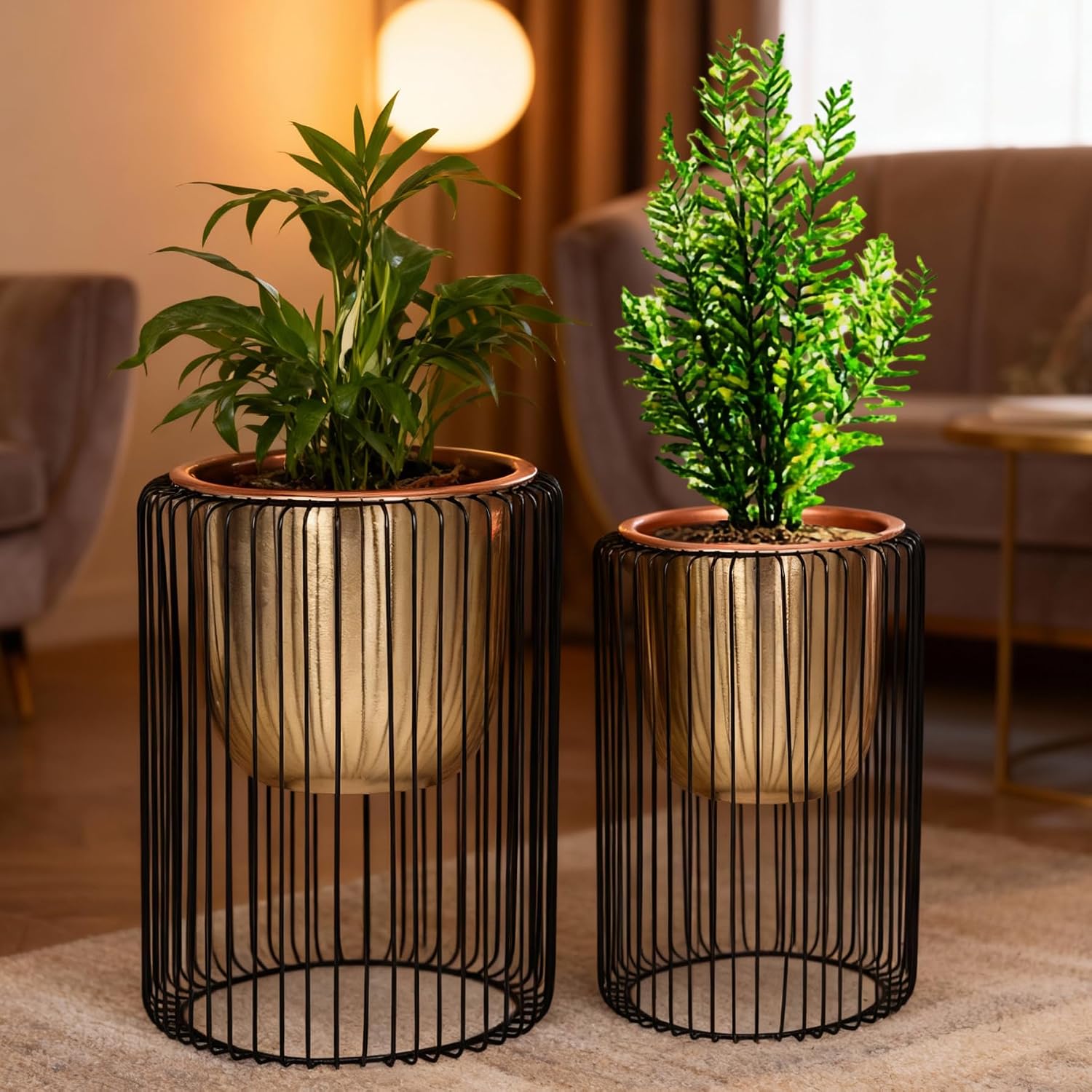 INDIAN DECORMART Modern Gold Metal Planter with Cylindrical Wire Cage Stand | Stylish Indoor Decorative Flower Pot for Home and Office Decor | Decorative Item for Living Room