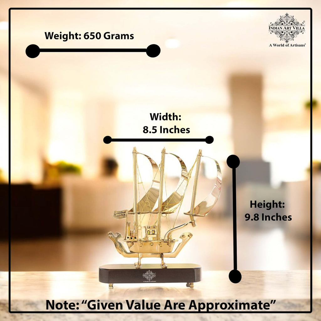 INDIAN ART VILLA Brass Ship with Wooden Base, Showpiece Item, Perfect for Home Decoration and Gifting, 12'' Inch