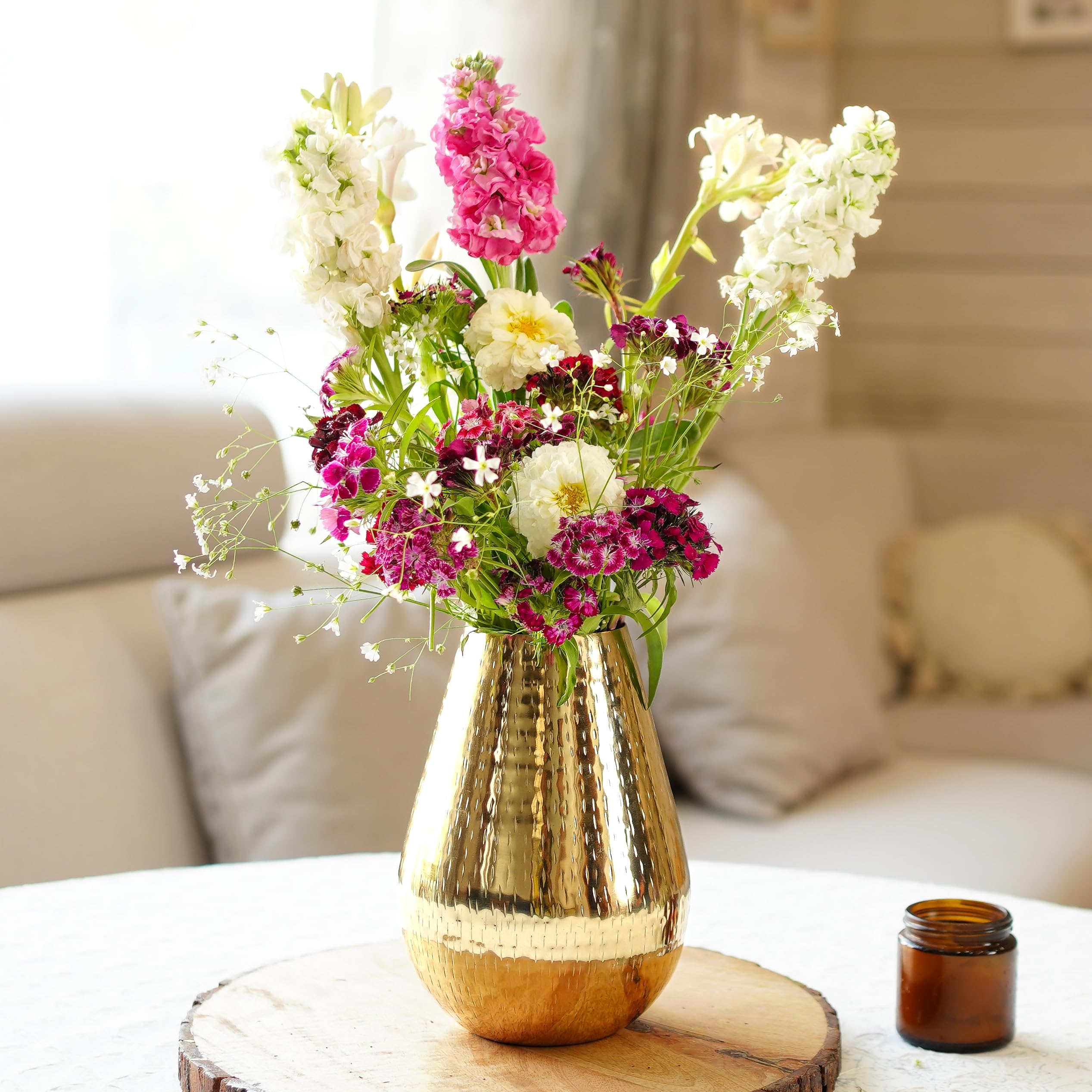 BEHOMA Oval Shape Metal Flower Vase for Home Decor (8.7 inches) | Golden Vase for Living Room, Dining Table & Corner Decor | Elegant Home Decoration Item for Fresh & Artificial Flowers