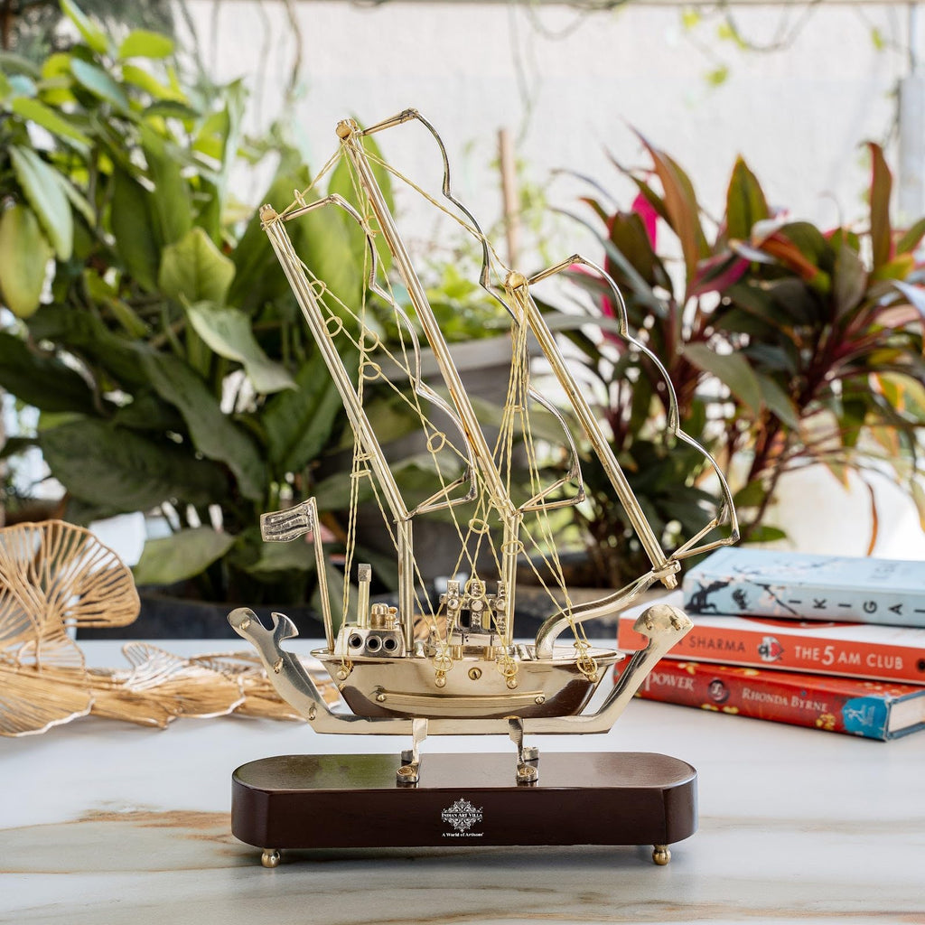 INDIAN ART VILLA Brass Ship with Wooden Base, Showpiece Item, Perfect for Home Decoration and Gifting, 12'' Inch