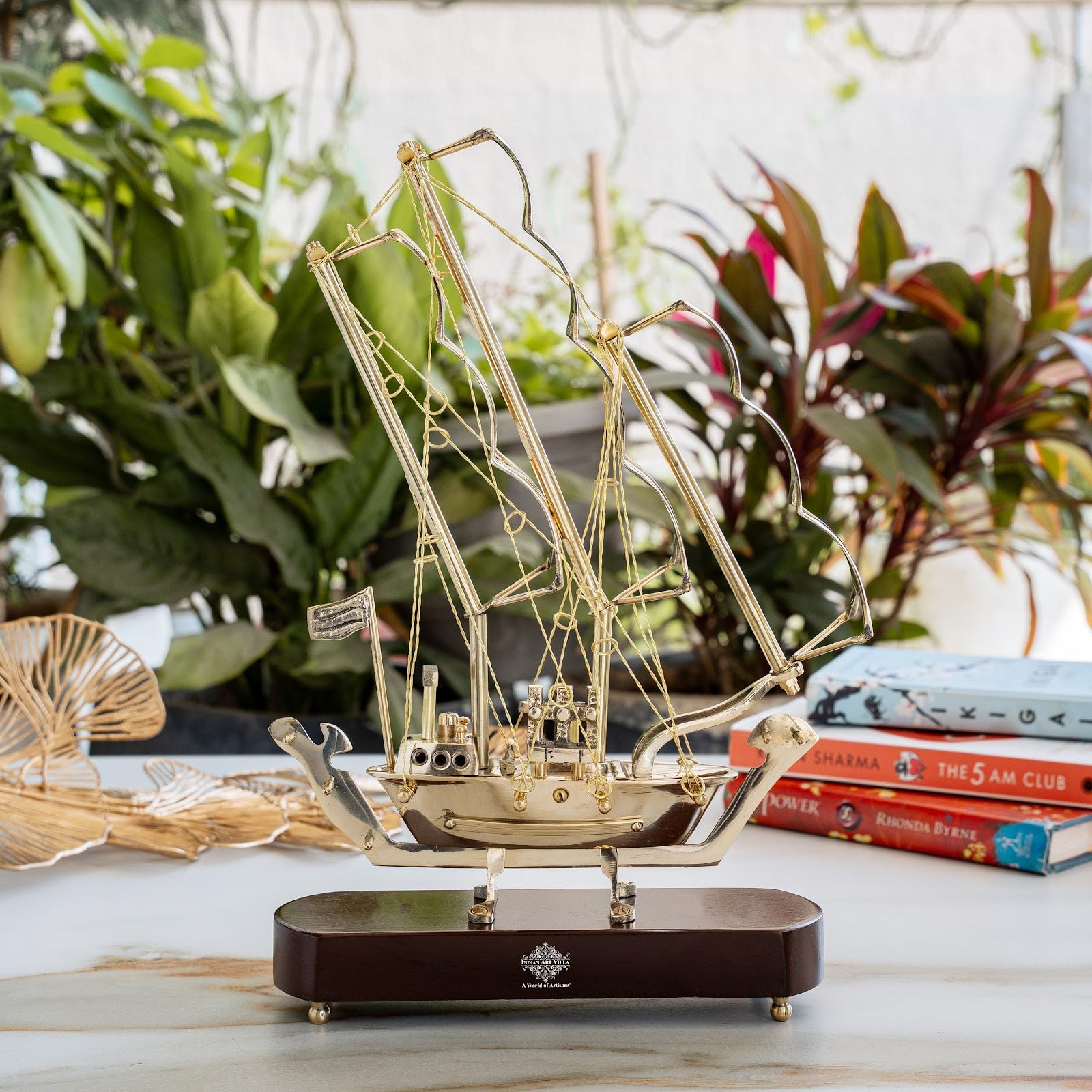 INDIAN ART VILLA Brass Ship with Wooden Base, Showpiece Item, Perfect for Home Decoration and Gifting, 12'' Inch