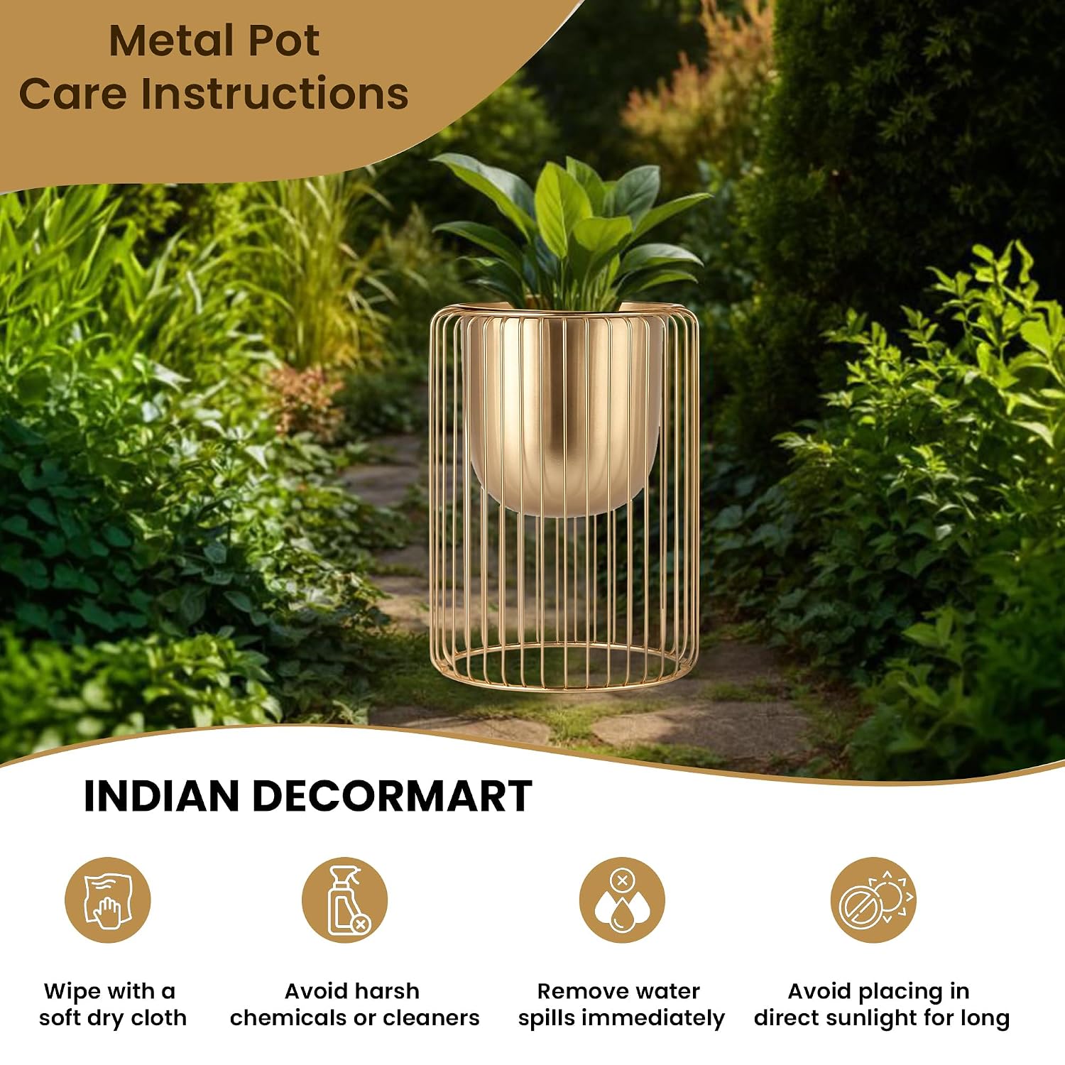 INDIAN DECORMART Modern Gold Metal Planter with Cylindrical Wire Cage Stand | Stylish Indoor Decorative Flower Pot for Home and Office Decor | Decorative Item for Living Room