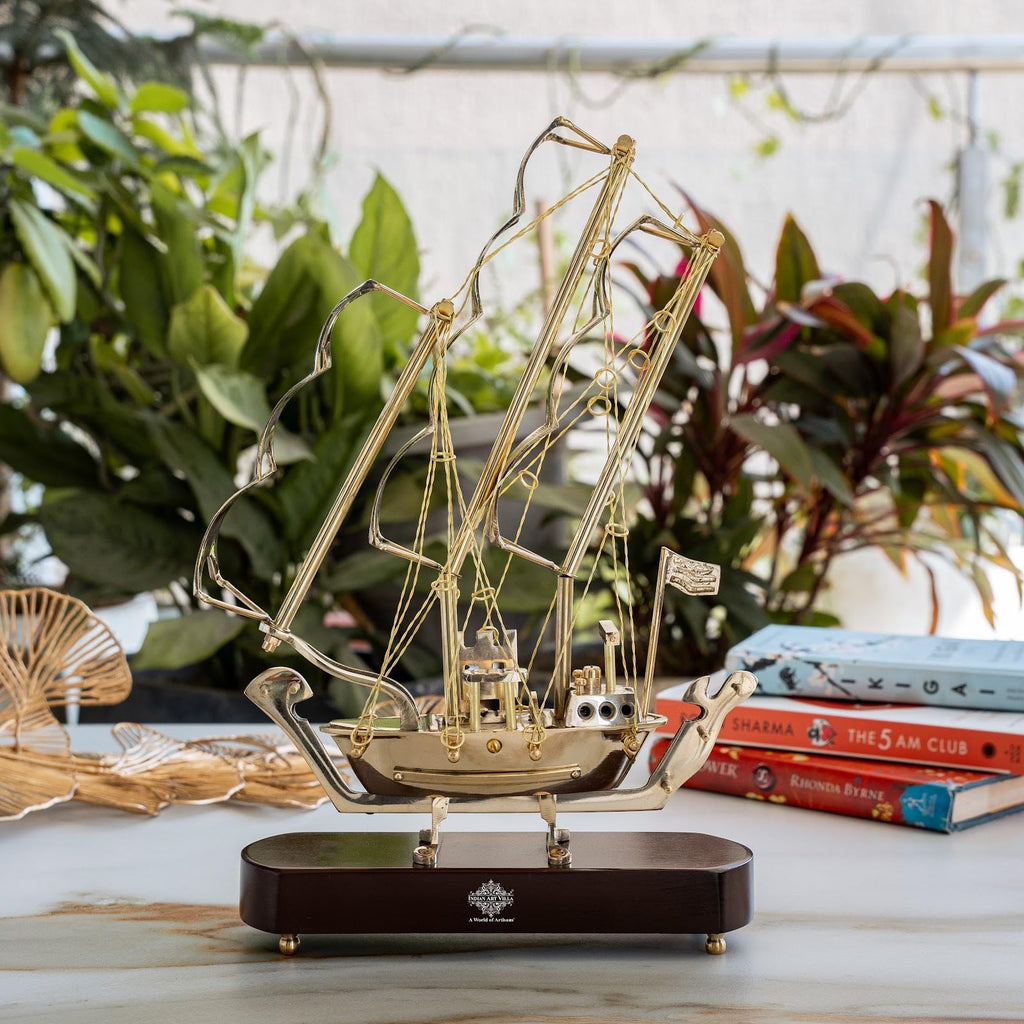 INDIAN ART VILLA Brass Ship with Wooden Base, Showpiece Item, Perfect for Home Decoration and Gifting, 12'' Inch