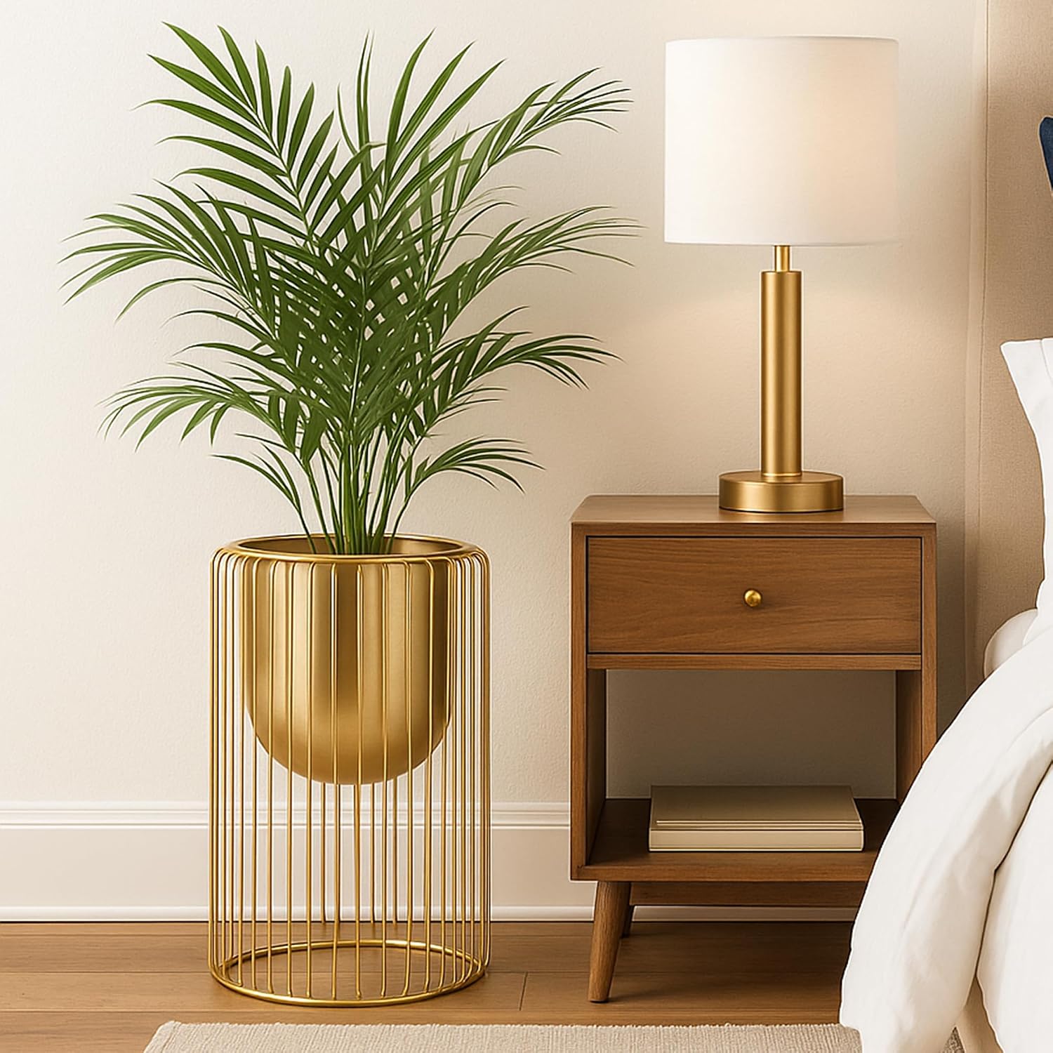 INDIAN DECORMART Modern Gold Metal Planter with Cylindrical Wire Cage Stand | Stylish Indoor Decorative Flower Pot for Home and Office Decor | Decorative Item for Living Room
